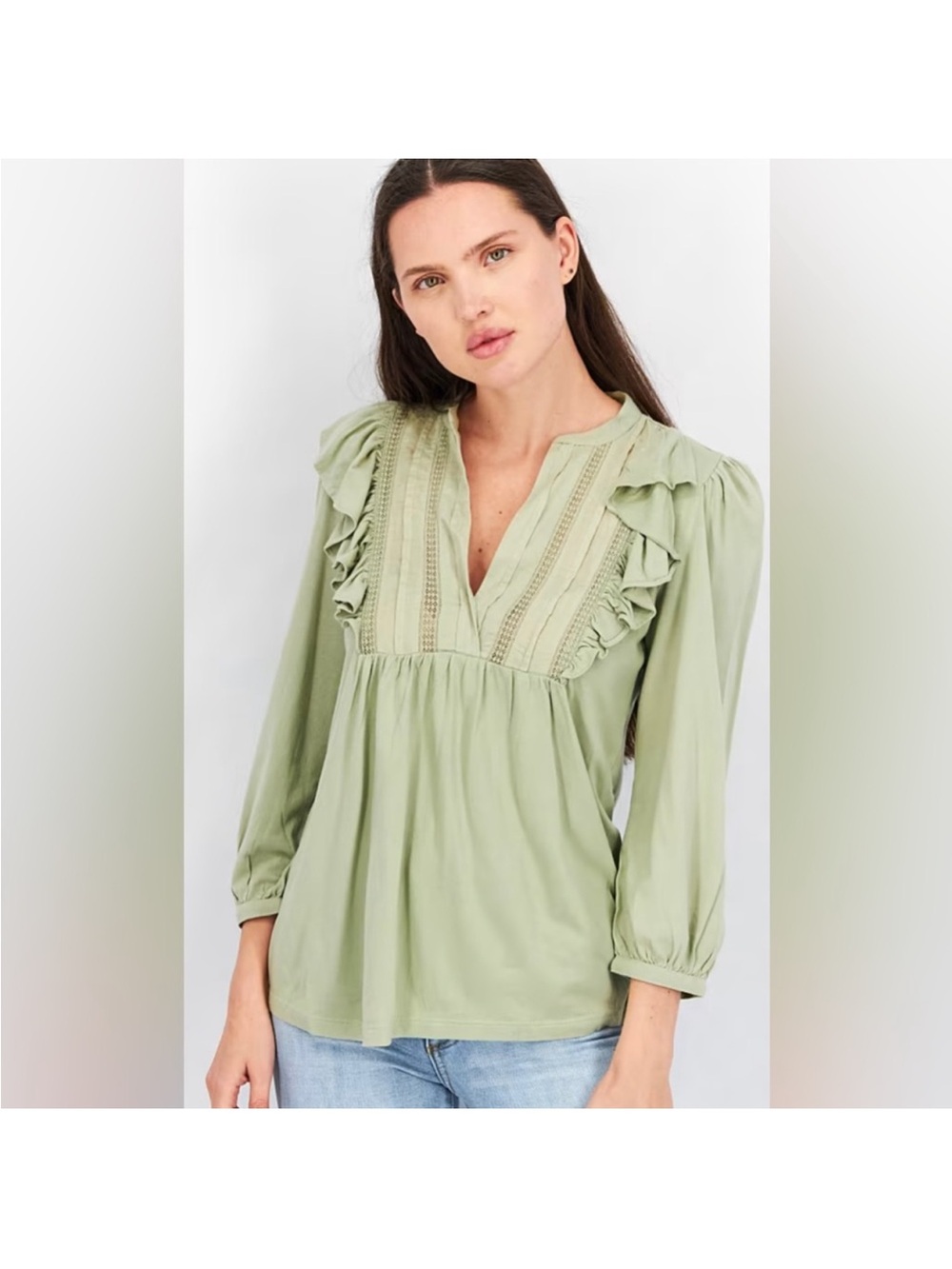 Ralph Lauren Light olive Ruffle Lace Yoke Blouse